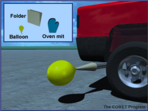 Collecting car exhaust in a balloon using a folder and oven mitt.