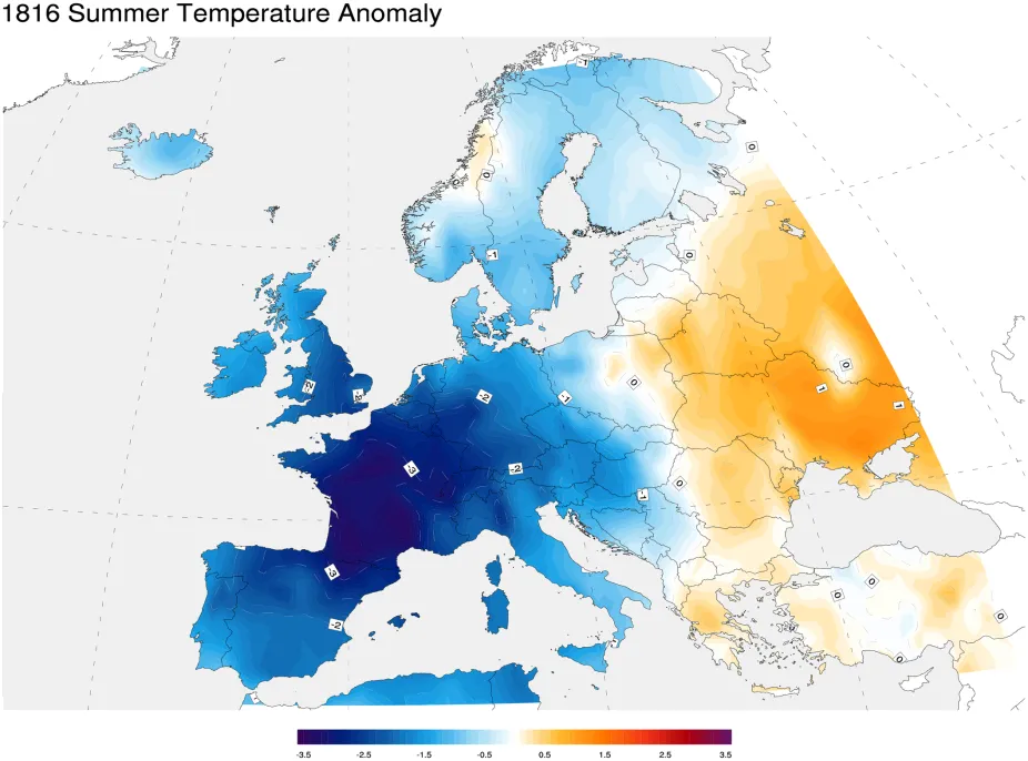 Map of unusual cold temperatures in Europe during the summer of 1816 showing summer temperatures up to three degrees C lower than usual.