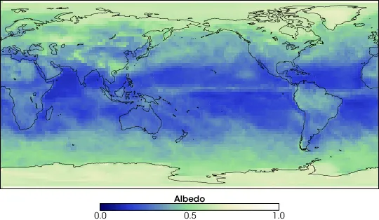 Map showing data about how albedo varies with geography. Albedo is generally lower at the equator than at the poles.